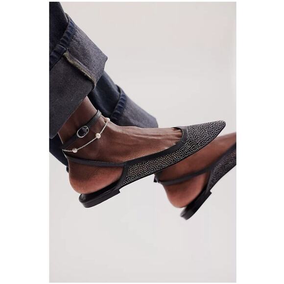 NEW Free People Jules Glitter Mesh Pointed Toe Ankle Strap Flat 9.5, BLACK - Picture 4 of 7